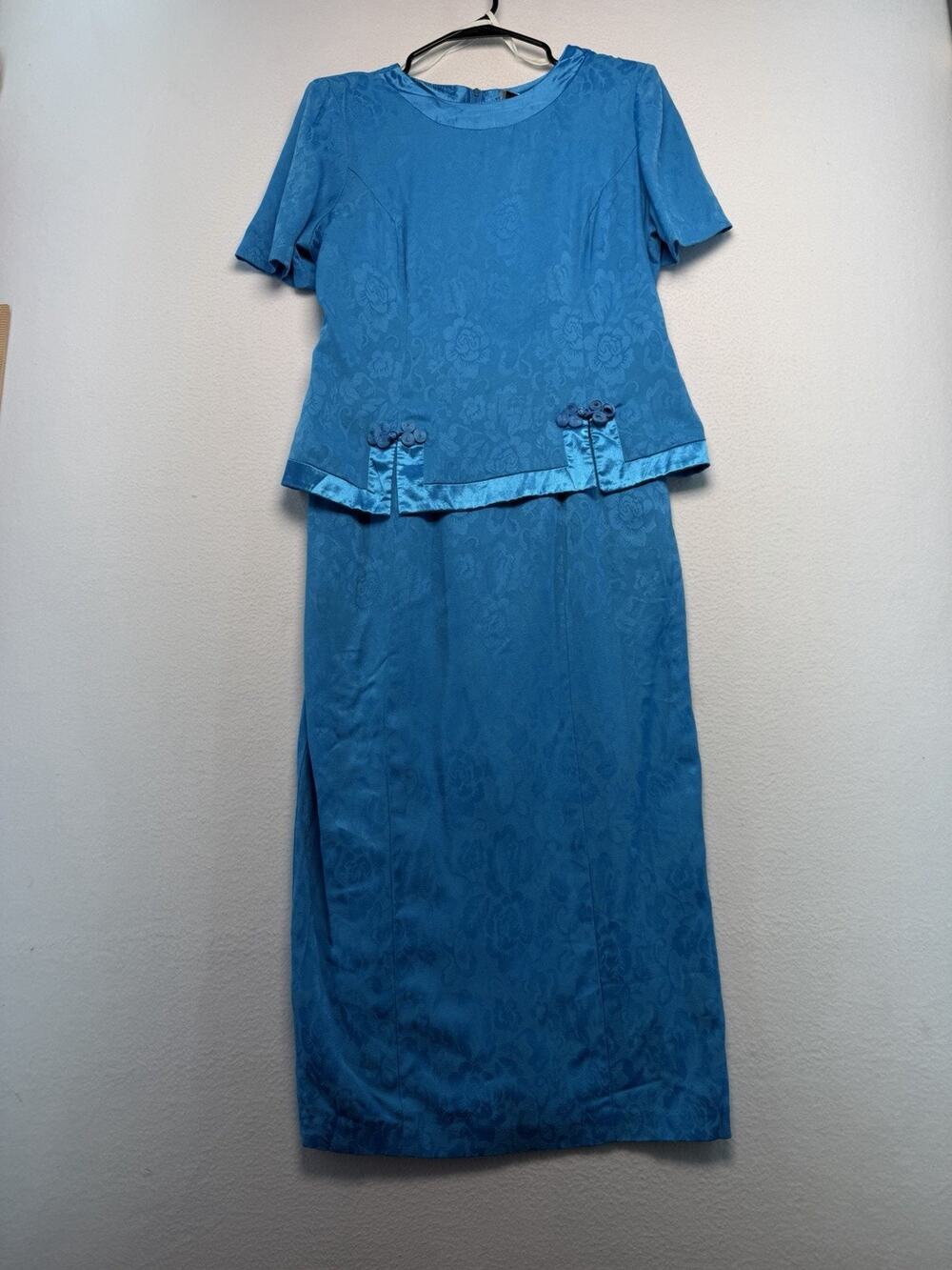 Vintage 80s Asian Inspired 1 Piece Size 6 Blue Floral Pattern Dress Office Party